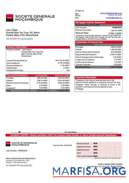 Blank Mozambique Banco Societé Generale Moçambique mortgage statement Word and PDF template